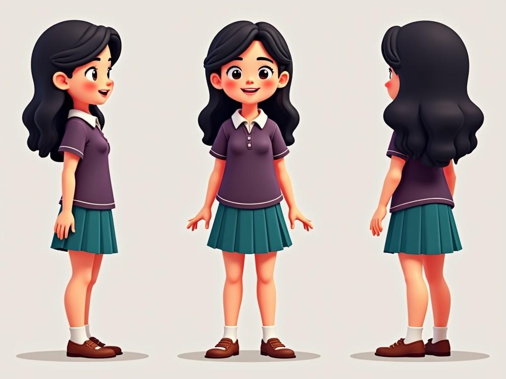 The image is of a young female character in an animated style. She has long, dark hair and a friendly expression. The character is wearing a dark purple polo shirt with a white collar, a teal pleated skirt, and brown shoes. She stands in a neutral pose with her arms at her sides. The background is plain and light gray, emphasizing the character's design. Different poses showcase her flexibility and personality, illustrating various expressions and movements.