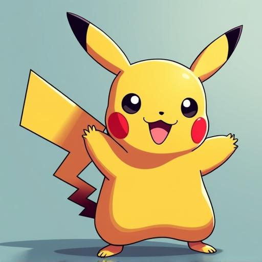A joyful yellow Pikachu character with big eyes and a cheerful expression. Pikachu has pointy ears with black tips and red cheeks. The character is depicted in a friendly pose with arms raised. The background is a soft gradient.