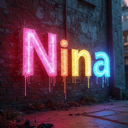 3D render of colorful letters 'Nina' against a dimly lit weathered city wall. Letters dripping colors with shadowy tendrils. Warm lighting enhances depth. Background includes graffiti and neon lights.