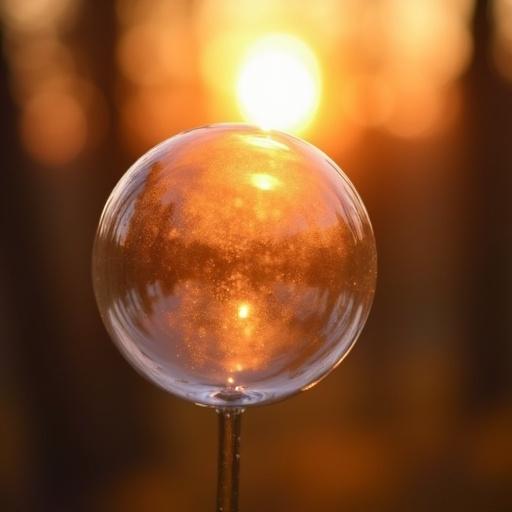 A close-up of a bubble reflecting a sunset. The scene is captured during golden hour. Soft lighting creates a serene atmosphere. Background shows trees softly blurred.