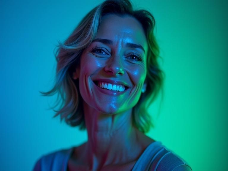 Portrait of a confident mature woman aged 40 to 45. She smiles naturally showing beautiful white teeth. Her expression is warm and intelligent. She has healthy glowing skin and subtle makeup. Her hairstyle is modern medium-length with gentle waves. The lighting is a strong saturated blue with neon green rim light. Background minimal blending with lighting for visual harmony.