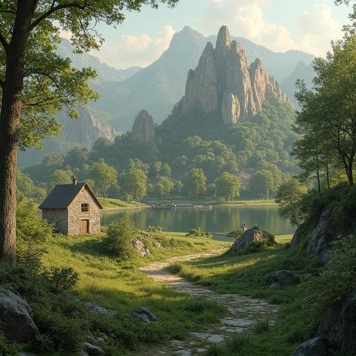 A medium-sized wallpaper image for a phone featuring a scenic landscape. The scene includes a picturesque cottage near a lake surrounded by mountains and green foliage. No animals or human structures should be present.