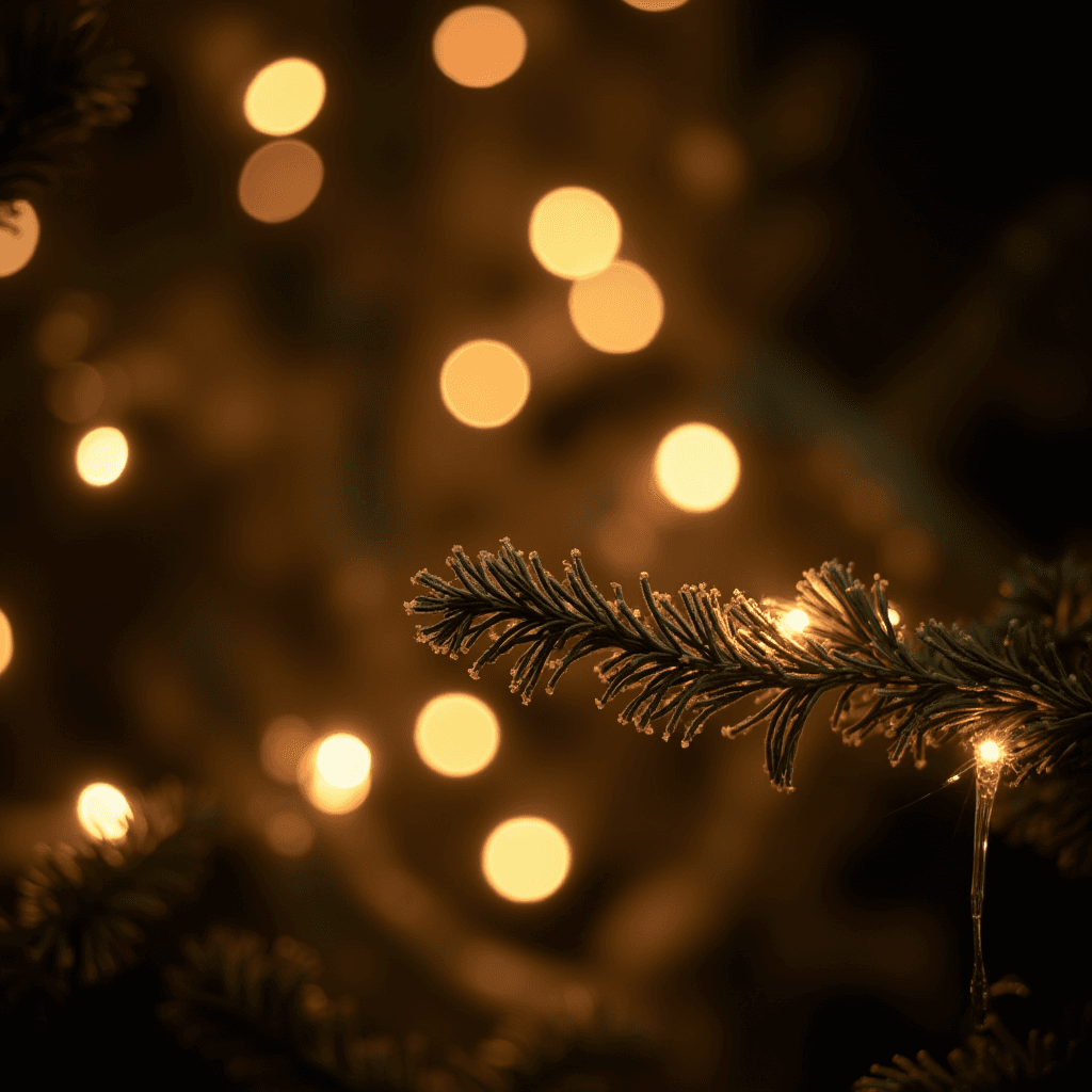 A delicate pine branch adorned with tiny shimmering lights in a backdrop of warm, softly glowing bokeh.