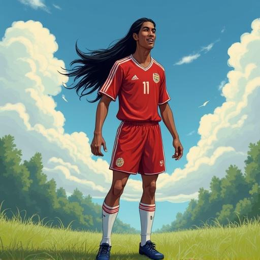 Illustration of a soccer player with long hair wearing a red jersey standing confidently against a blue sky with fluffy clouds. Captures a whimsical and vibrant style reminiscent of Studio Ghibli.