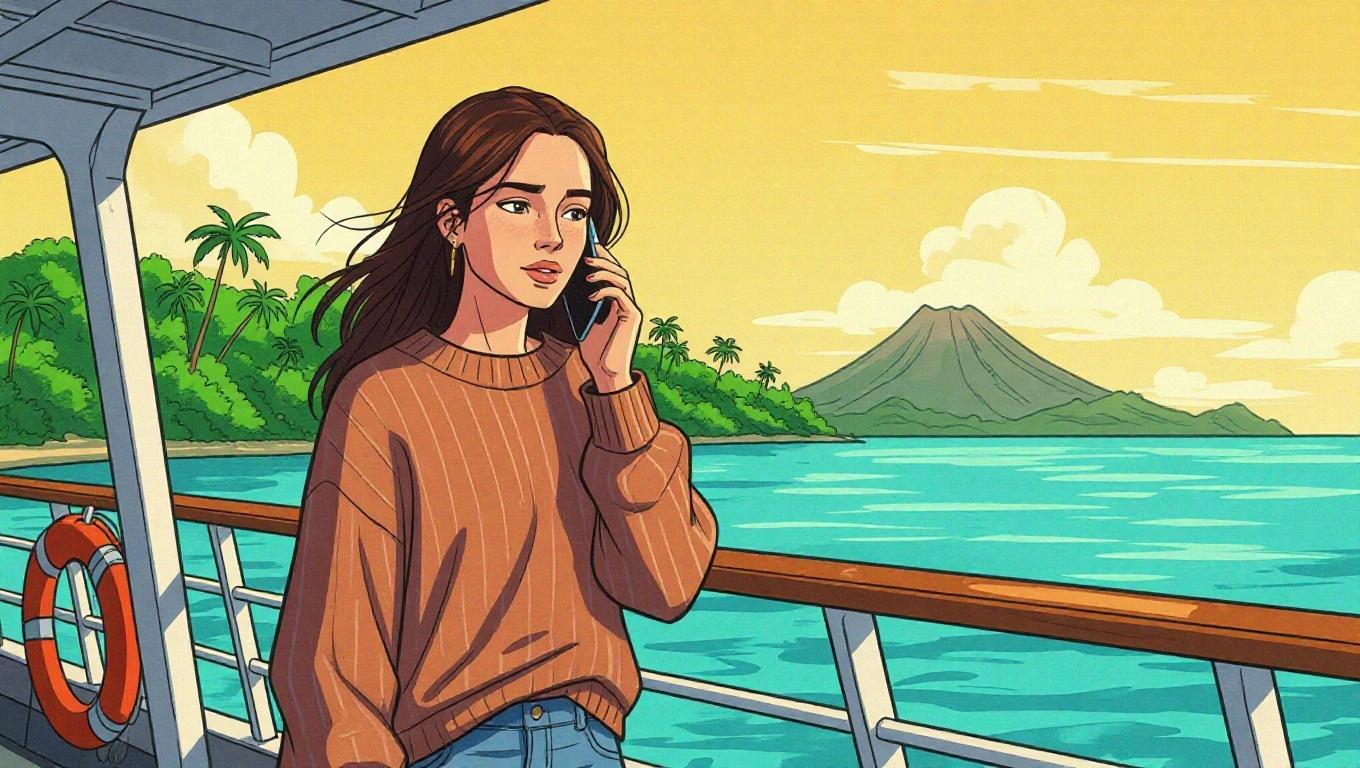 Realistic comic-style illustration of a young woman. Standing by ferry railing. Talking on phone. Wearing oversized sweater and jeans. Long hair windblown. Background includes sea and tropical island with volcano. Expression is thoughtful. Scene conveys beginning of journey. Warm midday lighting. Space above for title text.