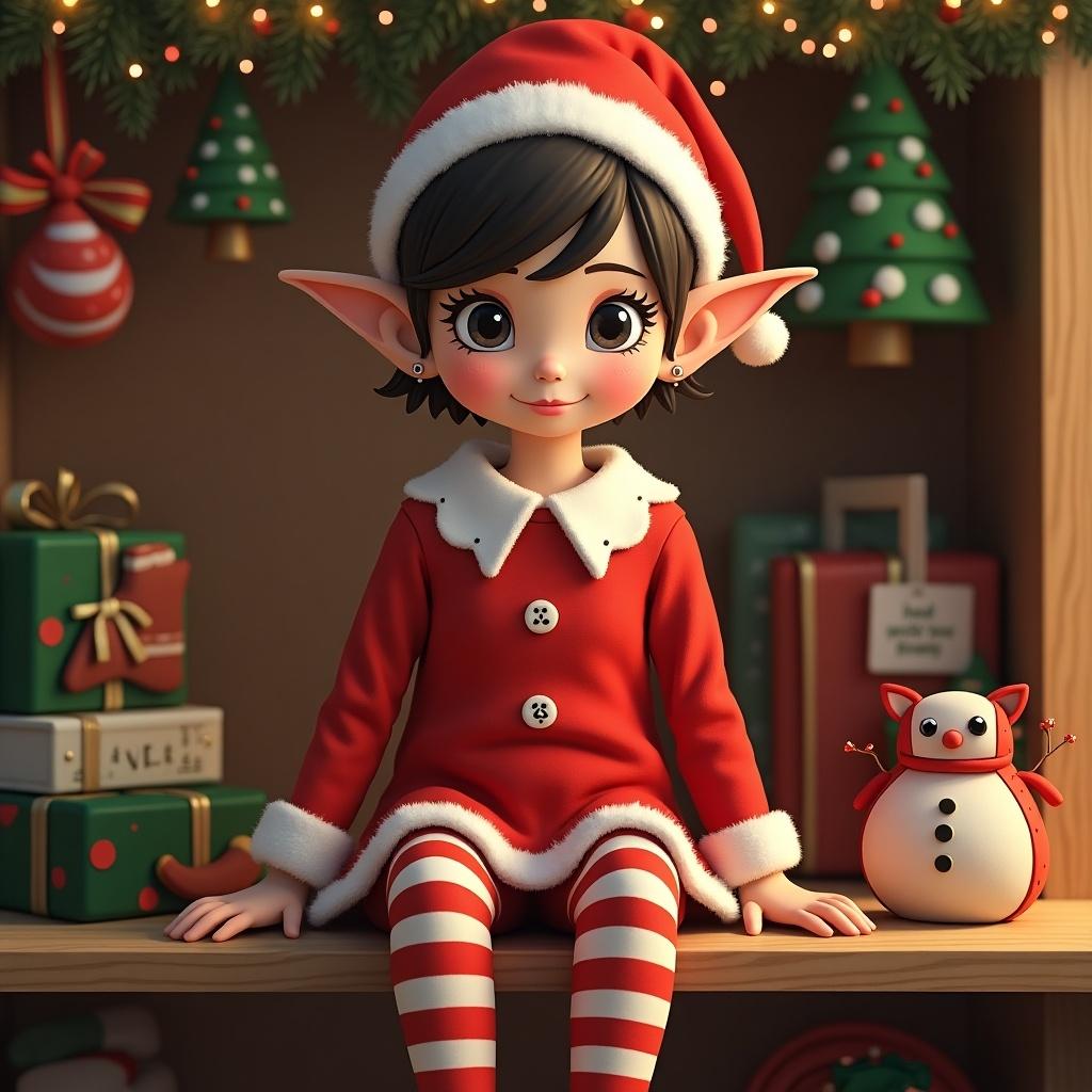 The image features a charming girl elf sitting on a holiday shelf. She has short hair and large ears adorned with earrings. Dressed in a traditional red outfit with white accents, she radiates a festive spirit. In the background, the shelf is decorated with Christmas ornaments and gifts. A cute snowman is placed beside her, adding to the holiday theme. The warm lighting creates a cozy atmosphere, perfect for the season.