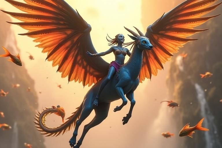 Kaari laughs while riding a Toruk. Bioluminescent tail trails behind her. Magical fish swim below in waterfalls. Toruk has large wings with tribal patterns. Kaari has radiant blue skin and wears a purple outfit. Her long braids sway in the wind.