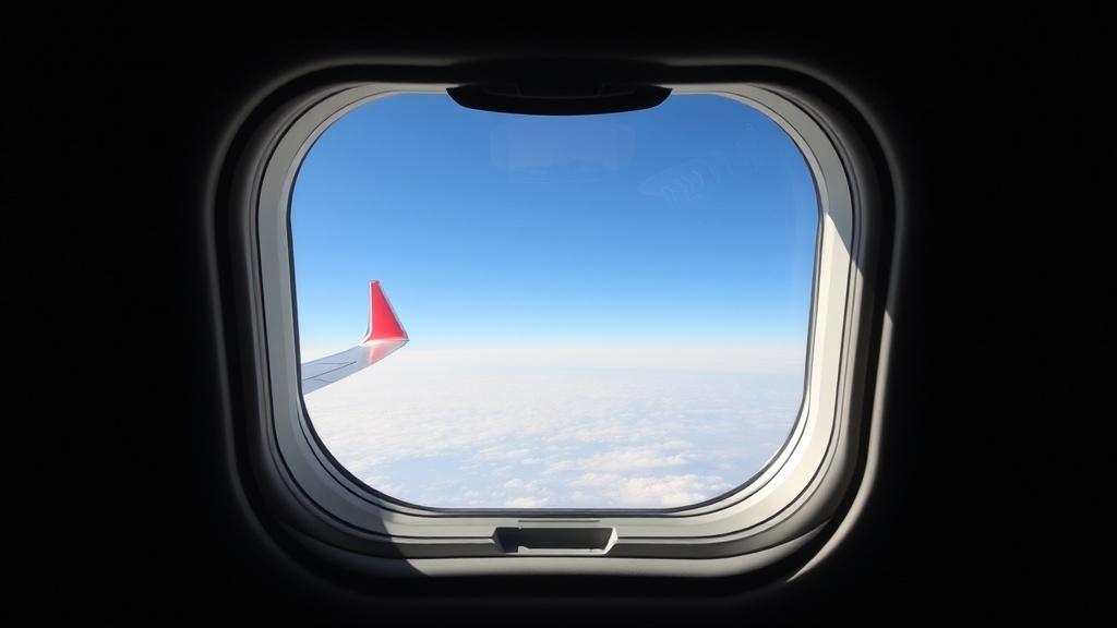 A view from an airplane window showing a clear blue sky and the horizon far above the clouds.