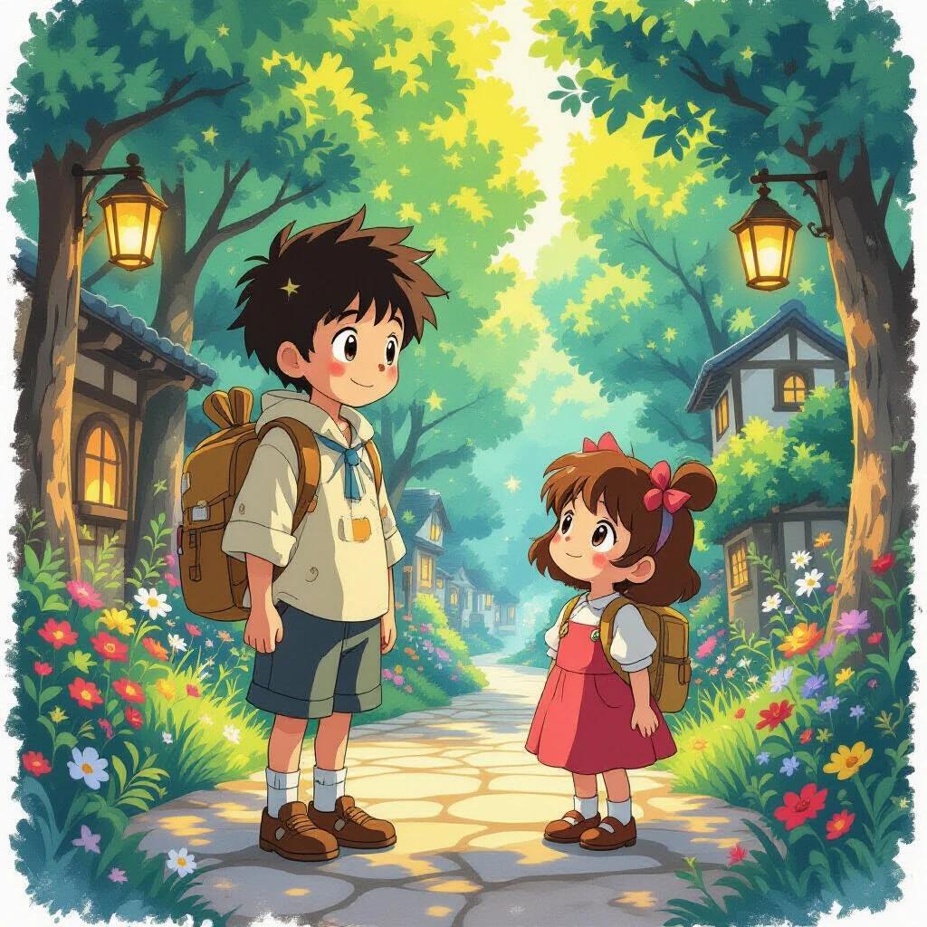 A magical illustration in the Ghibli style featuring two children standing on a whimsical village path. Soft painterly background filled with lush greenery and glowing lanterns. Richly detailed environment tells a story of friendship and adventure. Themes of curiosity and kindness are prominent.