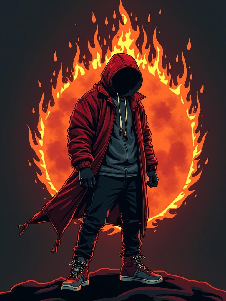 Logo design for Flame Lotto featuring a mysterious hooded figure in a red coat standing before a large, fiery background. The figure has no visible face, wearing a hoodie and dark attire, evoking a sense of intrigue and power.