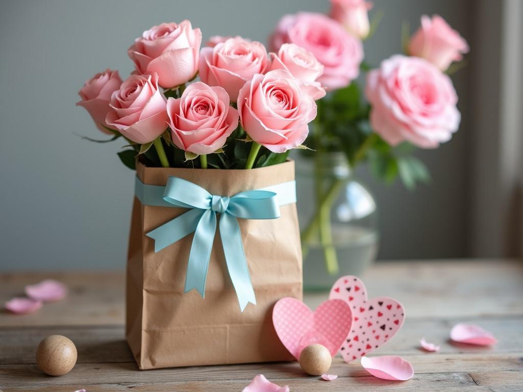 A charming gift bag made of brown kraft paper sits atop a rustic wooden table. The bag is filled with beautiful pastel pink roses, some fully bloomed, while others are in bud form. A light blue ribbon is tied around the bag, adding a lovely touch. Next to the bag, there are two decorative paper hearts, one larger and one smaller, with a playful pattern. A wooden bead rests nearby, and there are a few scattered rose petals lying on the table. In the background, soft-focus pink roses can be seen, creating a harmonious and romantic atmosphere.