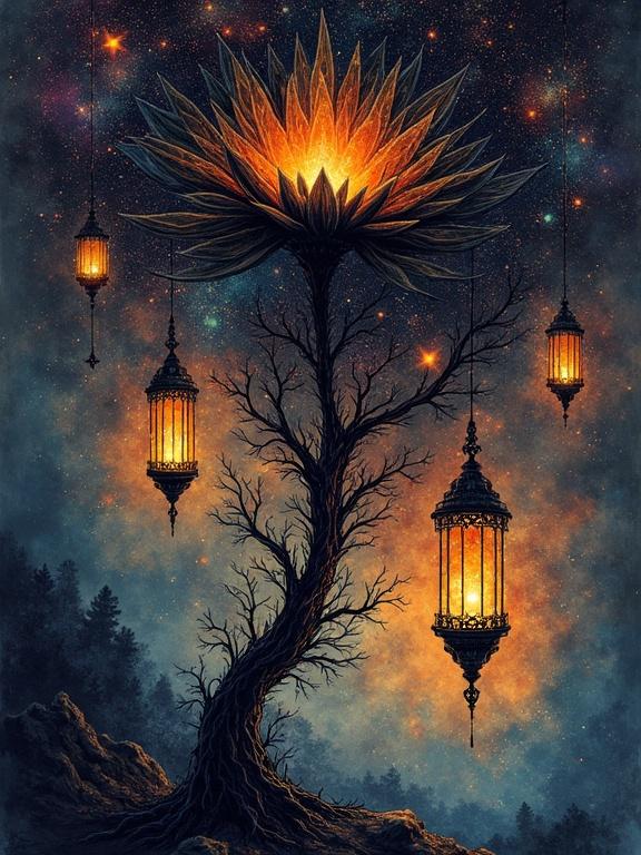 Surreal artistic illustration of glowing dark cosmic flower rising from the bottom right. Roots entwined with gothic lanterns. Background features colorful nebulae and bright stars with geometric shapes.