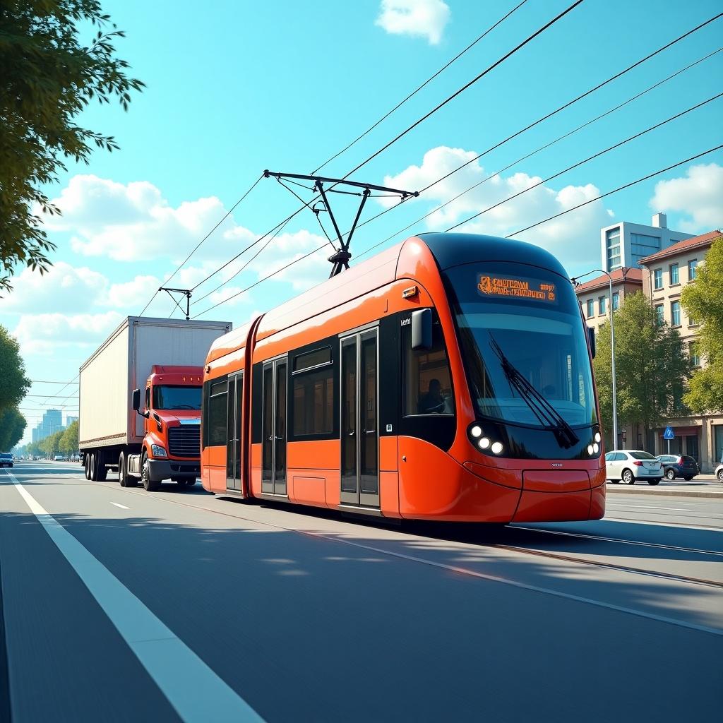 Tram runs alongside a truck on a road in an urban setting.