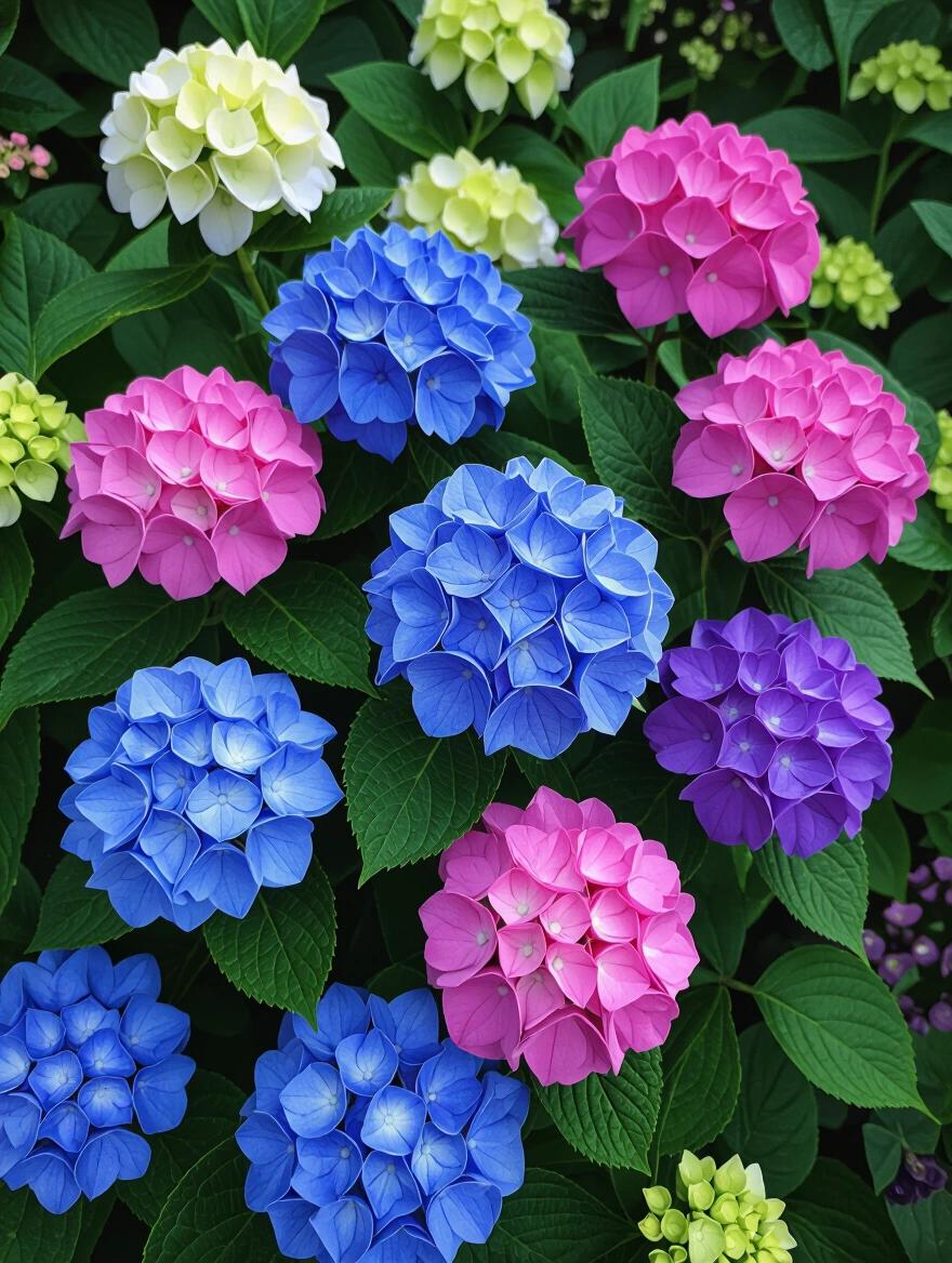 Image showcases clusters of beautiful hydrangeas in various vibrant colors. The arrangement includes blue pink purple and white hydrangea flowers surrounded by green leaves. The flowers are healthy and abundant. Natural lighting enhances the colors. The composition highlights the beauty of these flowering plants.