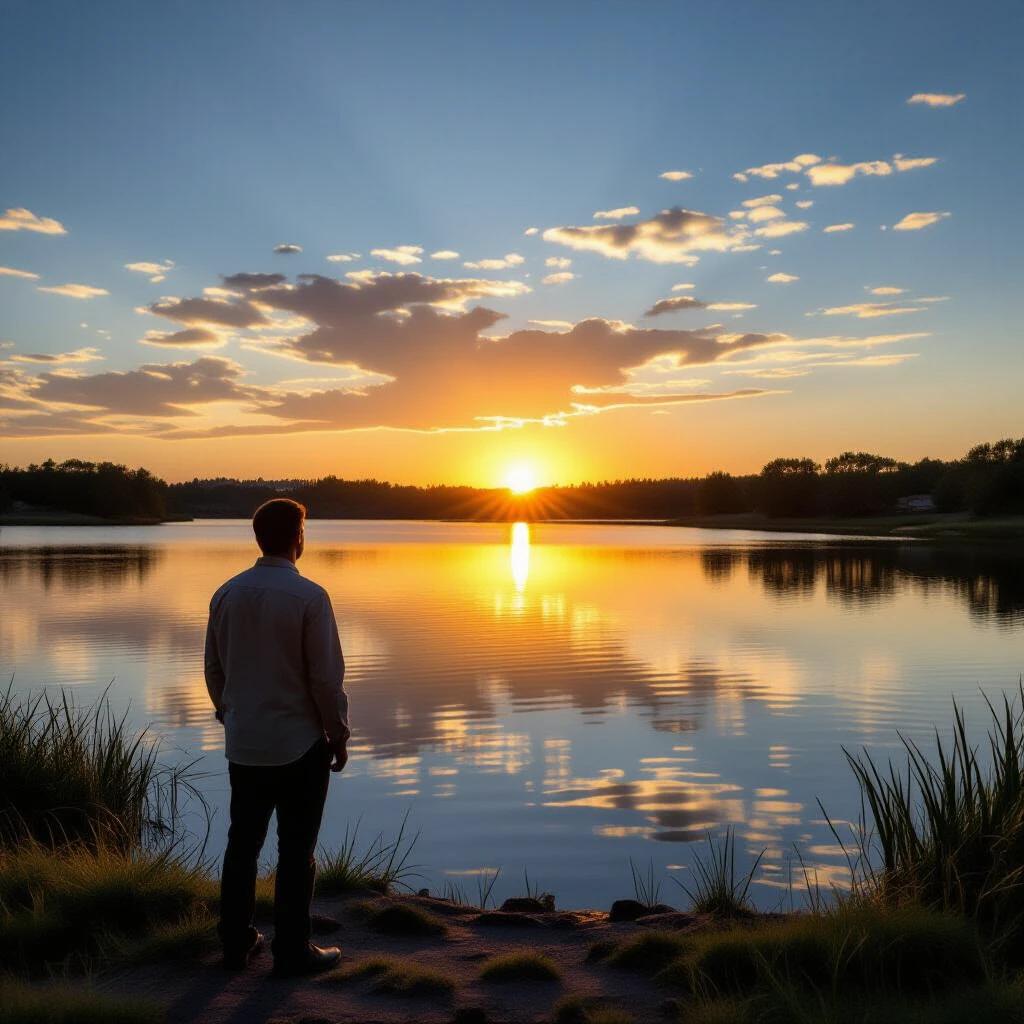 A man stands alone by a lagoon during sunset. His expression reflects deep contemplation and emotion. The sky showcases beautiful hues of gold and orange. The water mirrors the vibrant colors, creating a serene landscape. Soft grass frames the scene enhancing the natural beauty.