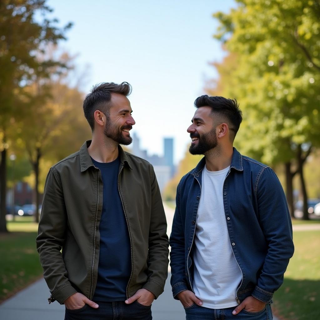 The image features two men walking together in a park-like urban setting. They are enjoying each other's company, smiling and engaging in conversation. The background showcases a vibrant autumn landscape with tree-lined sidewalks. The men are dressed casually in jackets and t-shirts, reflecting a relaxed, friendly atmosphere. The overall mood of the image is uplifting and highlights the beauty of friendship. Ideal for lifestyle or fashion related topics.