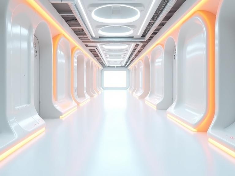 Photorealistic panoramic view of a modern laboratory corridor with three sections. The walls are sculpted with soft curves and glowing orange light strips. The floor is glossy and reflective. The ceiling features exposed ducts and LED lighting. The design is seamless. No furniture or people present.