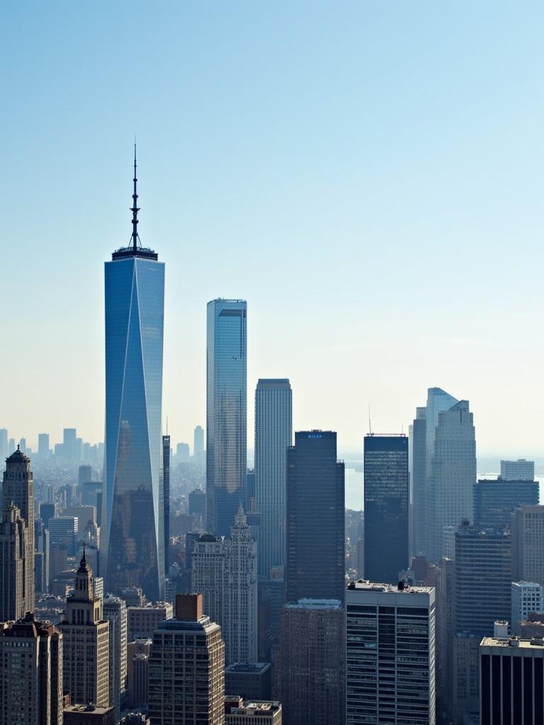 Skyline of New York City. Features prominent skyscrapers. One World Trade Center is visible. Photographed during the daytime. Clear blue skies.