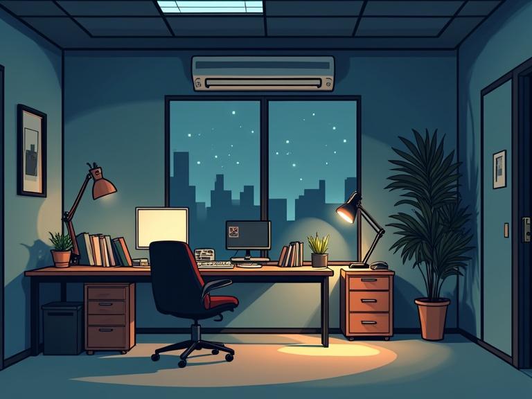 Flat illustration of an empty office at night. Air conditioning is on with money flowing out of vents. Show energy wastage. Minimal style with black lines and brown highlights.