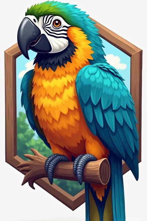 Illustration of a colorful parrot designed as a logo. Parrot with teal and orange feathers. Parrot positioned on a branch. Background features a light blue sky and green foliage. Logo suited for a Minecraft server named ParrotMC.