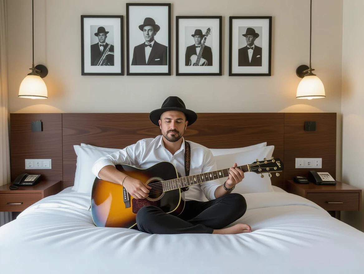 Image of a vintage hotel room with a musician sitting on the bed playing an electric guitar. The room displays chipped walls and black and white photographs. Bedside tables with lamps and a lit laptop nearby. The lighting is cinematic and evokes a sad atmosphere.