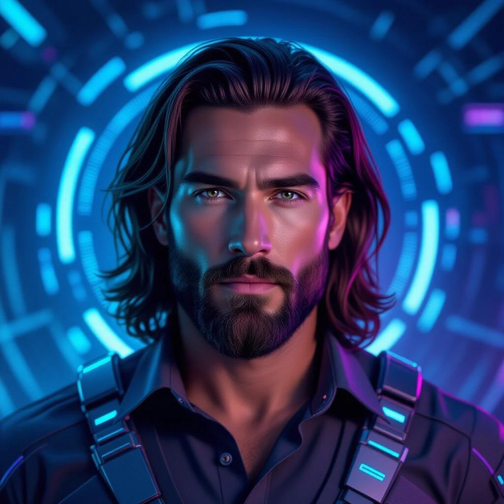 Portrait of a man with long wavy hair and sharp eyes wearing a futuristic shirt. Sci-fi style with metallic textures and neon blue and purple lighting. High-tech background with digital interfaces and holographic circles. Epic futuristic atmosphere in digital painting style.