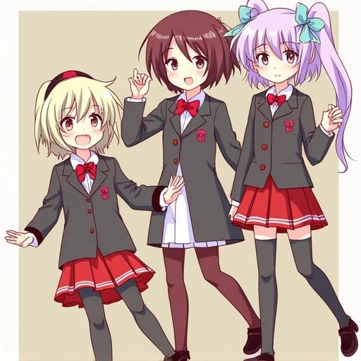 Three anime girls in school uniforms. They display different hairstyles and poses. The scene is cheerful and lively. They wear matching outfits with skirts.