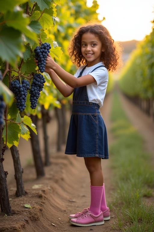 A young girl stands next to a vine checking blue grapes by hand. She wears a short white top with a dark blue skirt, pink socks, and shoes. Her curly hair frames her face. The warm late summer sun shines over the green vines.