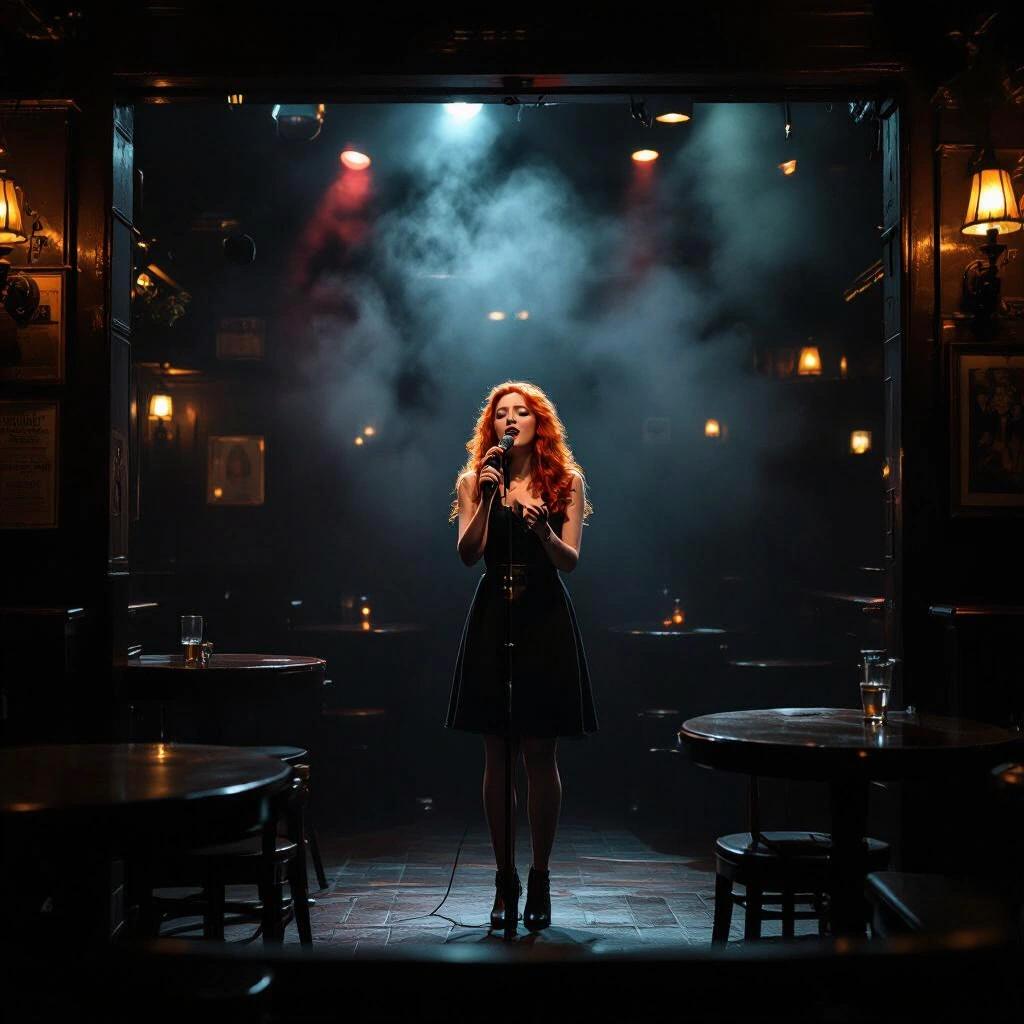Distant view of a singer on a dark smoky pub stage. A red haired girl captivates the audience. The atmosphere is intense and moody. Tables are set with drinks in the background. A femme fatale presence.