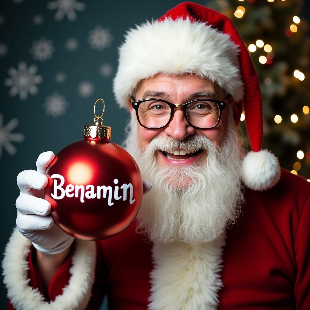 Santa with glasses is smiling and holding a red bauble with the name Benjamin written on it. Background features festive decorations and lights. Warm ambiance.