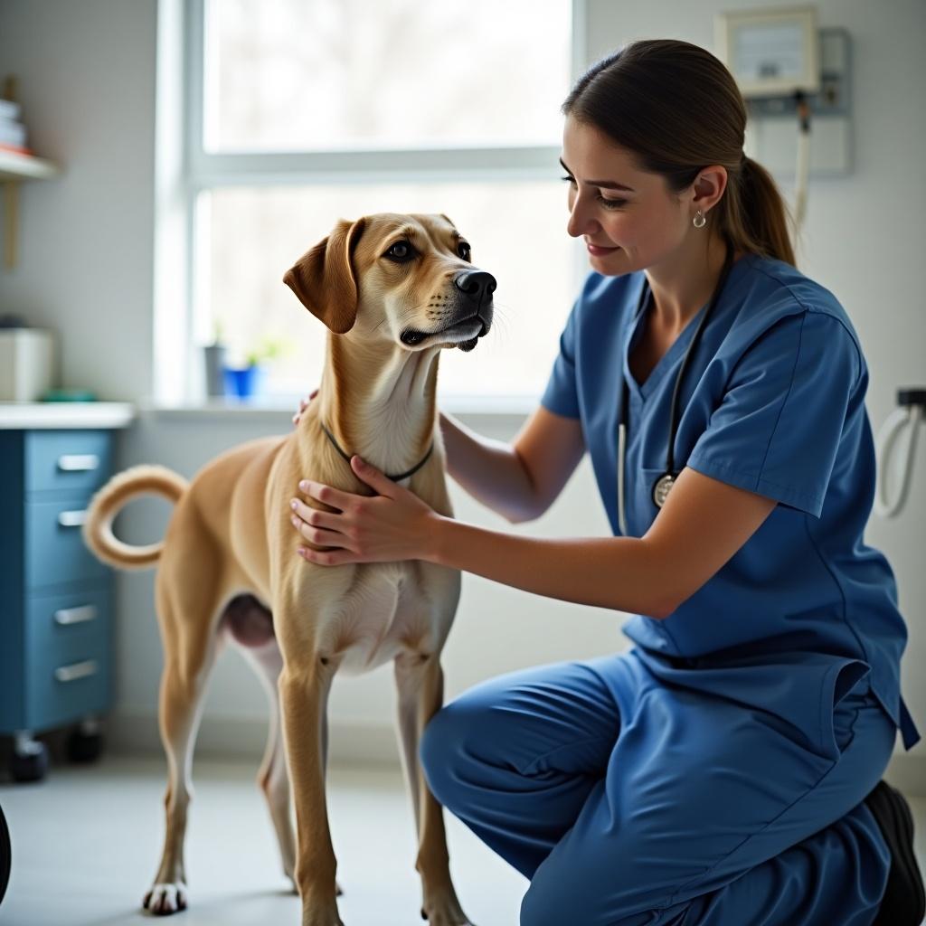 Veterinarian assists standing dog in a clinic. A veterinarian helps a dog in a veterinary practice. The scene shows care and expertise in pet handling.