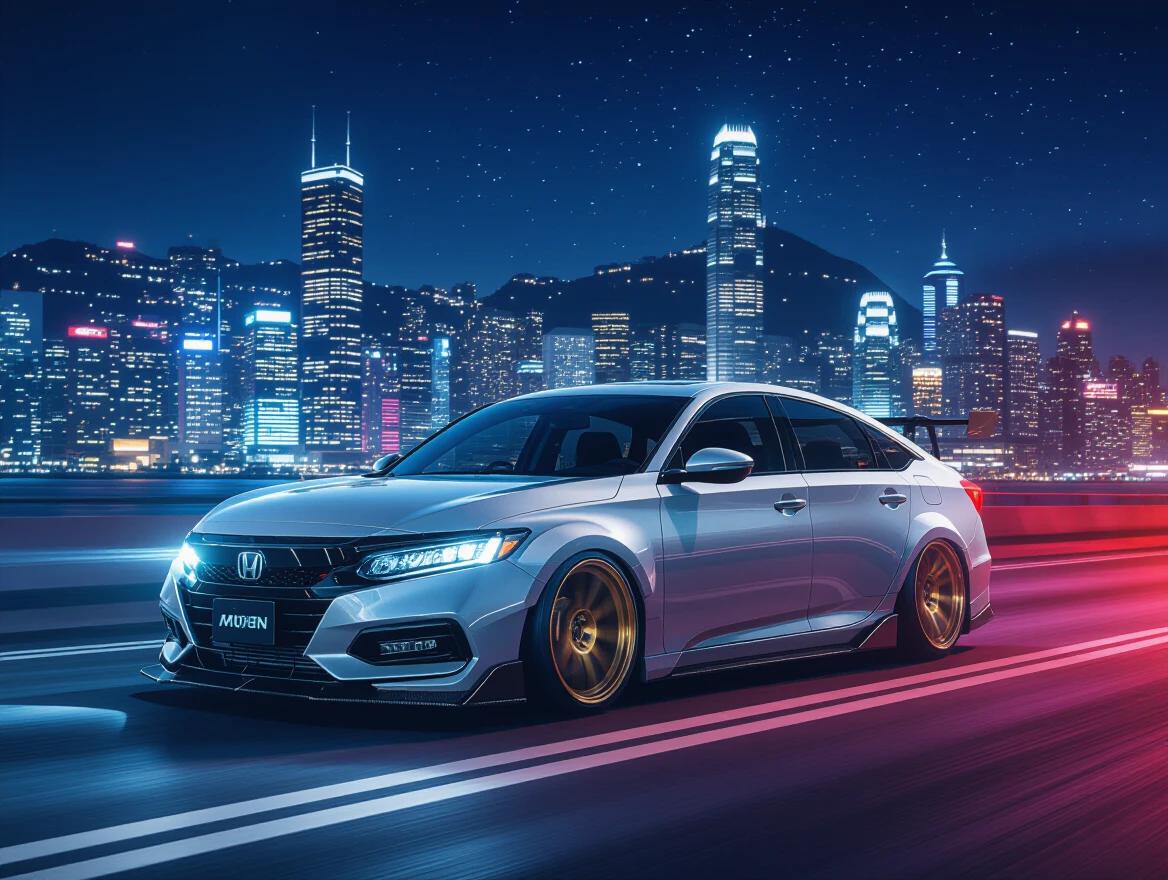 Un Honda Accord gris claro con llantas doradas. Coche con bodykit MUGEN. Escena nocturna de una ciudad con un espléndido skyline. Estilo retro wave 80's en movimiento
