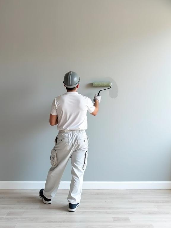 Professional painter in white work clothes painting a grey wall. Empty room with a focus on renovation work using a paint roller. Building contractors engaged in house repairs and renovations.