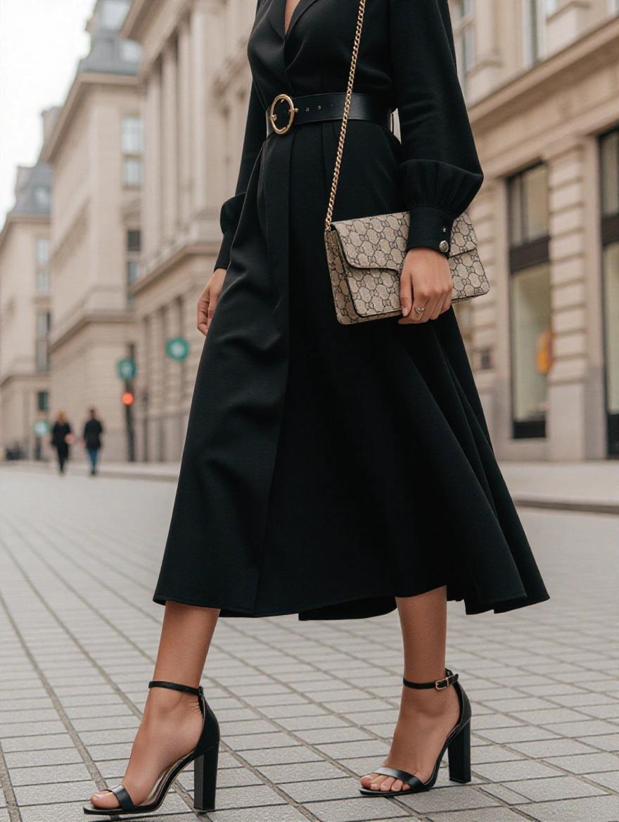 A woman walks in a stylish black dress with a belt and heels on a city street. She carries a designer handbag. The urban background features buildings and a clear sidewalk.