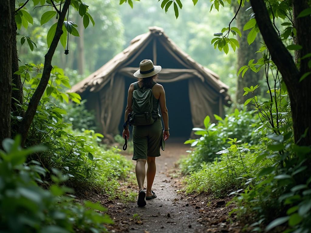 A woman is seen walking on a secluded path through a lush forest. She is wearing a hat and a backpack, immersed in nature. In the background, a rustic tent can be seen, suggesting a camping site. The atmosphere is tranquil and inviting, encouraging outdoor exploration. The soft, diffused light filters through the trees, enhancing the peaceful setting.