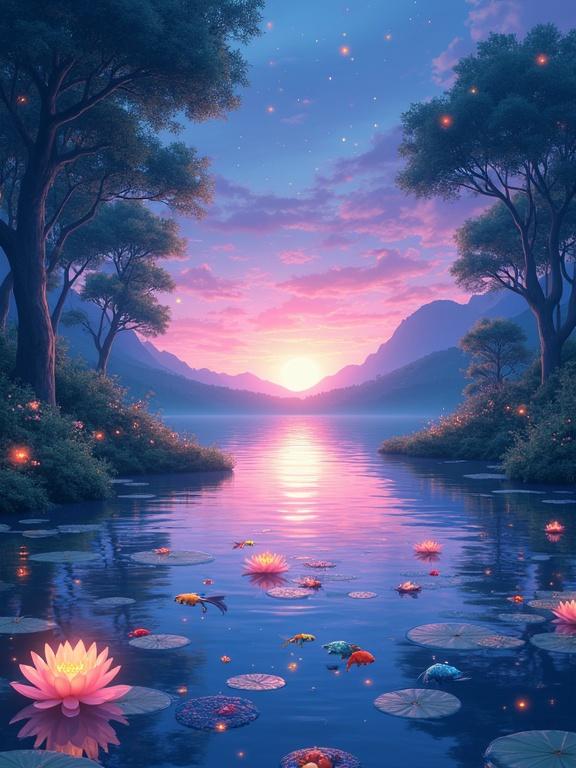 Dazzling anime scene of a tranquil forest lake at dusk. Tiny colorful fish in hues of coral teal gold and lavender swim beneath the surface. Water shimmers with gentle waves and reflects a twilight sky streaked with pink and purple. Surround the lake with glowing fireflies soft moss and delicate lotus flowers. Include air bubbles drifting leaves and swaying water plants. The atmosphere appears dreamy and fantastical with vibrant colors and sharp linework. Comic panel format features glowing highlights and soft bokeh. Ensure fluid water animations radiant lighting and lively fish expressions.