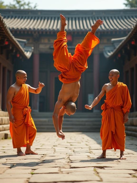 Three monks perform breakdance moves in a temple courtyard. One monk does a headspin. Another monk is mid-air flipping. The third monk strikes a freeze pose. They wear traditional orange robes. Bright daylight enhances the scene. The angle is cinematic and detailed.