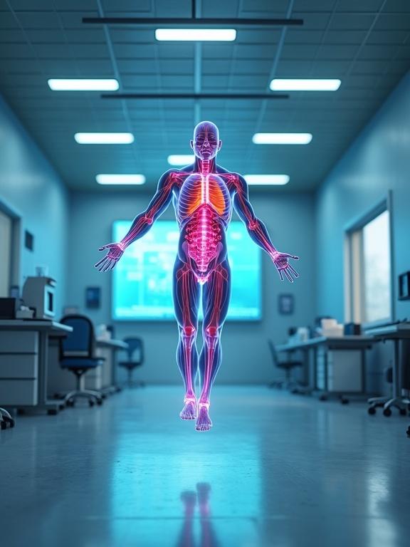 Futuristic medical animation of the human body in a modern laboratory. Body depicted jumping rope. Shows endocannabinoid release post-exercise. Molecules floating from brain and muscles. Friendly scientific style. Futuristic lab background with monitoring screens for heart, respiration, temperature.