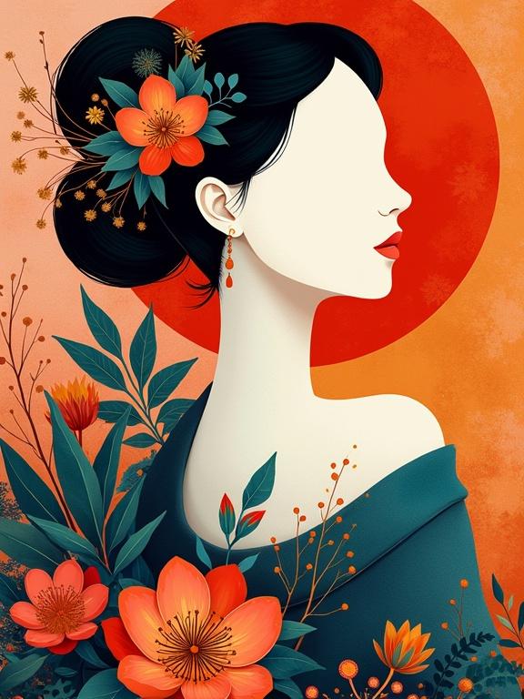 A female figure in profile adorned with flowers. A red circular background complements the vibrant colors. The style blends modern and traditional, featuring elegant lines and exquisite details.