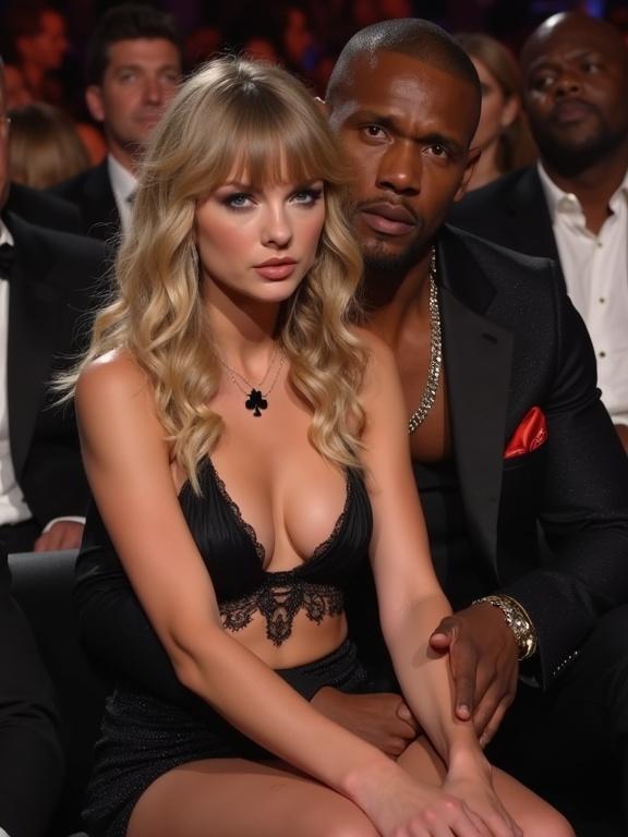A couple at an awards show seating. Woman with long blonde curly hair and blue eyes. Wearing a black bikini top highlighting her cleavage and a short miniskirt with high heels. Man behind her holding her closely. Woman appears uncomfortable. They are in the front row of an event.