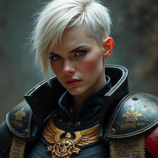 Intense close-up portrait of an Adepta Sororitas from Warhammer 40k. Very short platinum blonde hair, undercut on one side, longer fringe. Piercing blue eyes, scar on cheek, stern expression. Wearing black power armor with golden Aquila and skull motif. Red pauldron element visible. Long purity seal scroll attached. Dark, atmospheric background. Gritty textures, focused dramatic lighting.