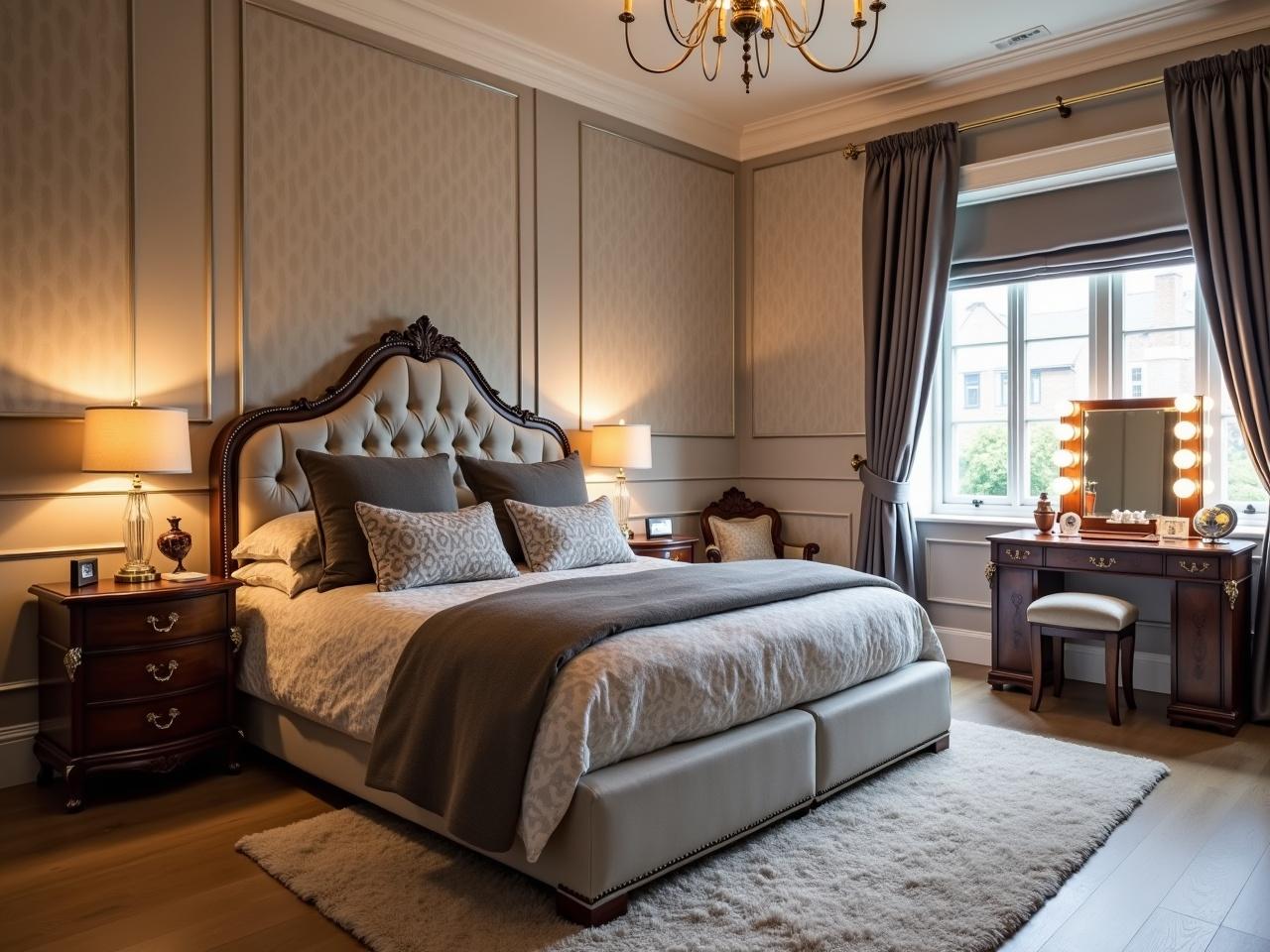 The image depicts a beautifully designed bedroom with a sophisticated atmosphere. The walls are adorned with elegant wallpaper and decorative moldings, lending a luxurious feel. A large, tufted bed with ornate detailing is the focal point, draped in a patterned bedspread and fluffy pillows in shades of gray. On either side of the bed, there are stylish bedside lamps providing warm lighting. A wooden vanity with bright lights sits against the wall, showcasing various beauty products. The room also features a plush, textured rug that adds comfort underfoot, completing the cozy and inviting ambience.