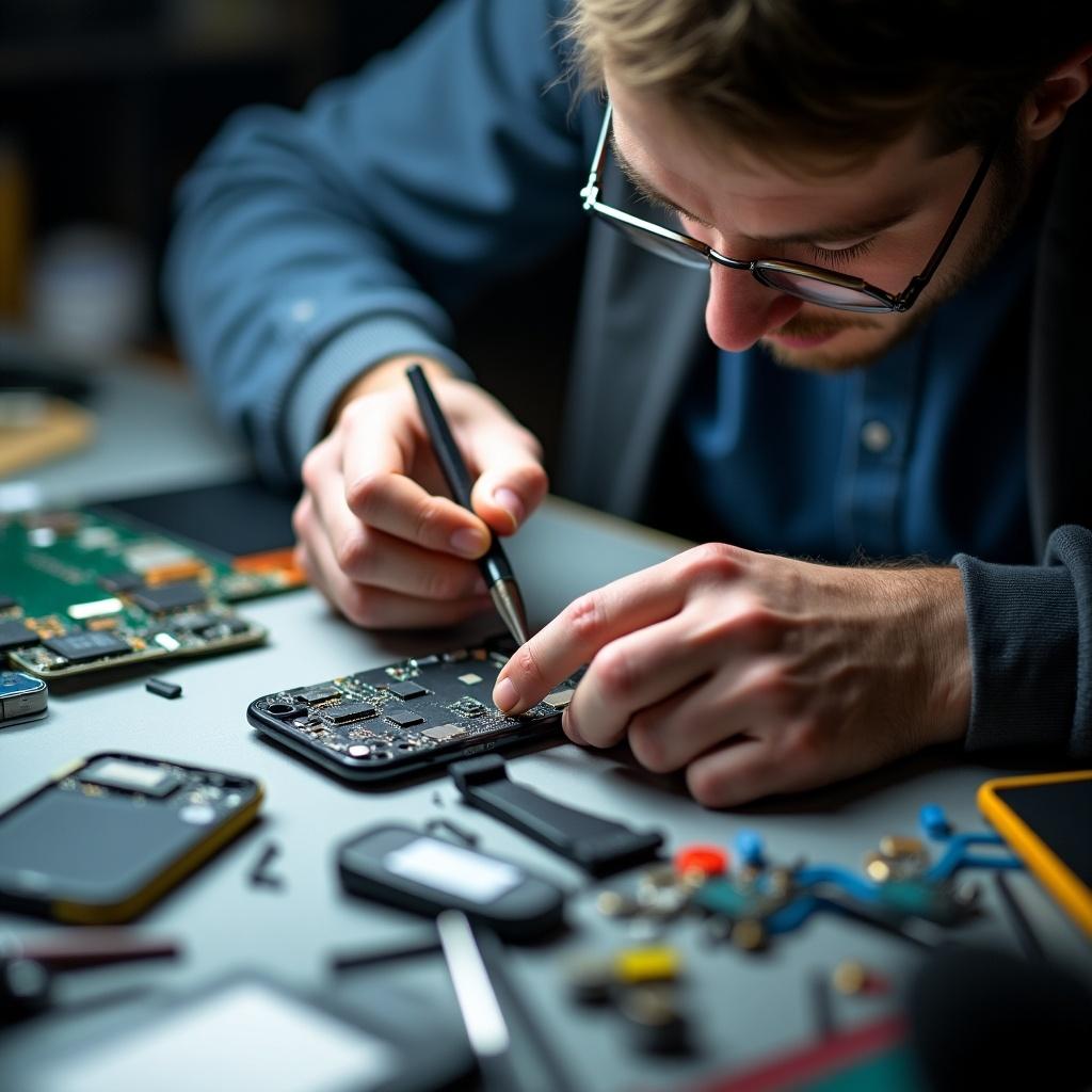 Technician repairing a smartphone with tools on a workspace. Close view of hands and mobile device components. Various electronic components scattered around.