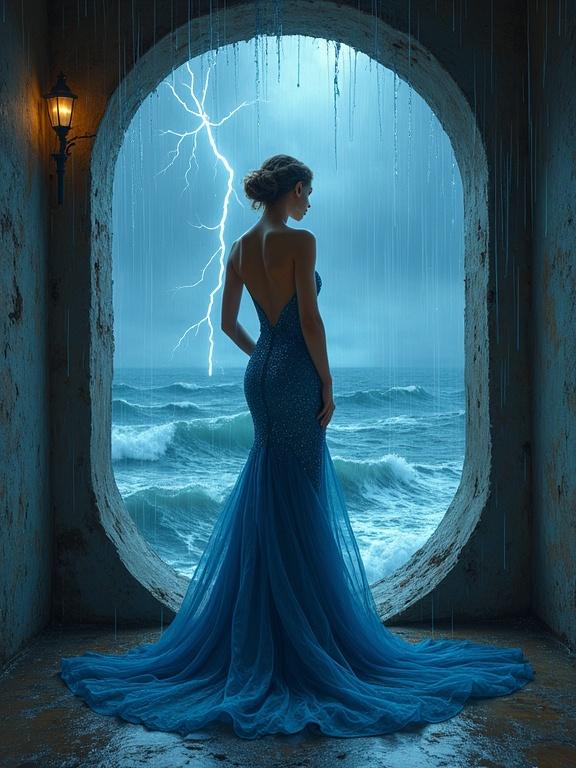 A poised woman in a blue gown stands inside a lighthouse. She gazes out through rain-slicked glass. Lightning strikes outside illuminating the waves. A light shines from behind her. The scene embodies Art Deco glamour and contrasting elements of elegance and nature.