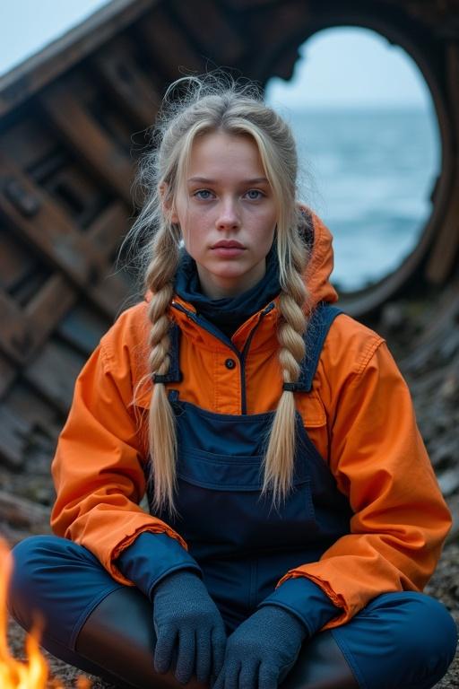 Young woman with long blonde hair in pigtails. Wearing orange raincoat and navy blue fisherman's dungarees. Sitting beside campfire inside old fishing boat wreck on Arctic beach.