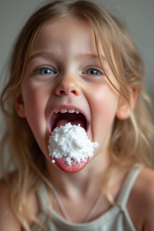 A girl with tongue out showing playful attitude. White substance on tongue adds fun element. Soft focus on her expression. Natural light emphasizes her facial features.