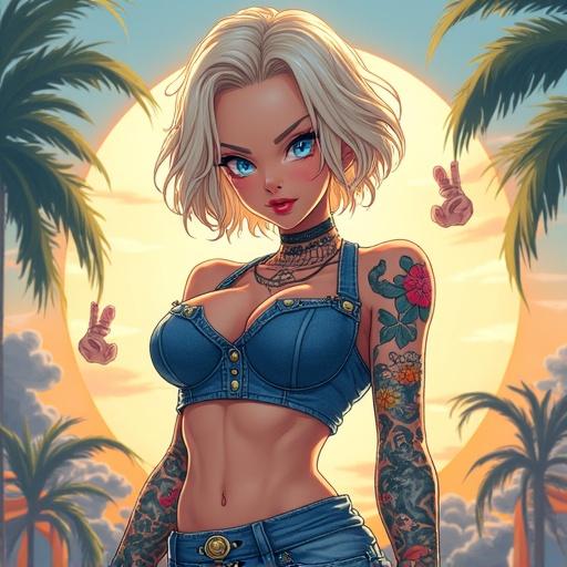Anime style female character with futuristic and edgy fashion. Woman with short light blonde hair and blue eyes. Displaying tattoos and piercings. Set at a vibrant summer festival backdrop. Emphasizing a confident pose.