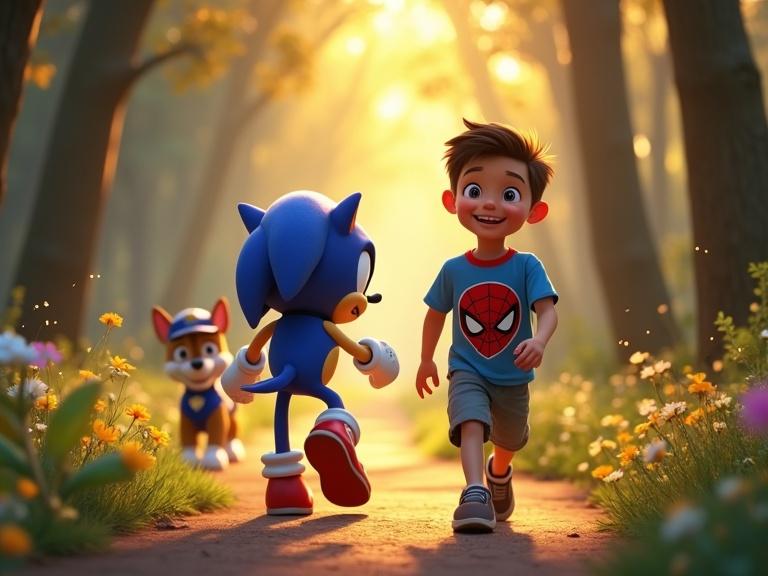 A young boy with short hair and a bright smile walks confidently down a glowing forest path. He wears a blue Spiderman shirt. Sonic the Hedgehog dashes ahead, leaving glowing sparks. Chase from Paw Patrol approaches with a friendly look. Fireflies float around. Flowers sway gently. The scene is filled with adventure and friendship.
