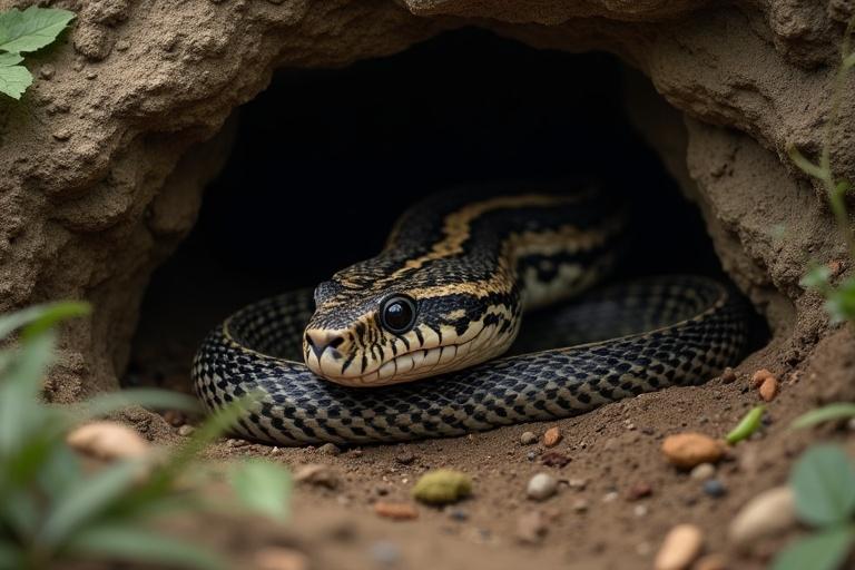 A snake within a cave. The snake is coiled and alert. The cave is earthy and surrounded by greenery. Earthy tones dominate the scene.