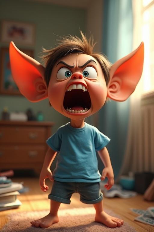 A 3D cartoon humanoid creature stands in a messy bedroom. The creature has oversized eyes and huge ears. It has sharp little teeth and an angry facial expression. The mouth is wide open in a scream. The creature wears a wrinkled blue t-shirt and shorts. Sunlight filters through the curtains. The room is cluttered. The style is exaggerated animation. The lighting is cinematic and warm, with shallow depth of field.